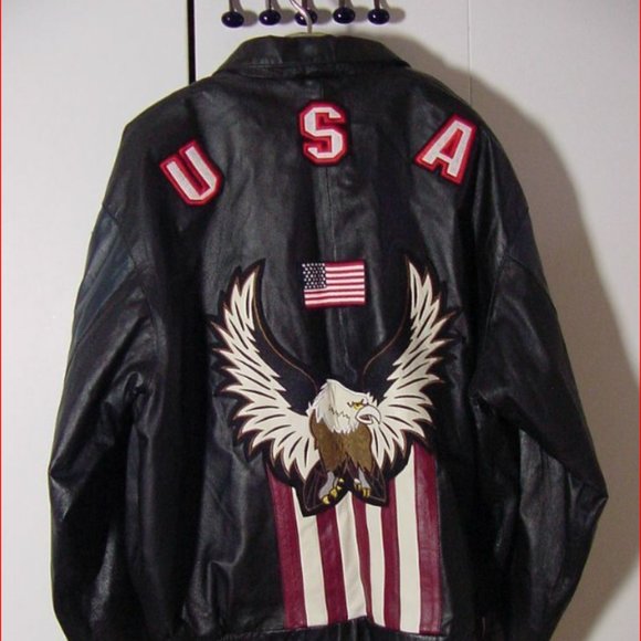 Vtg Black Leather USA Eagle Stars Stripes Leather Jacket Sz 3XL